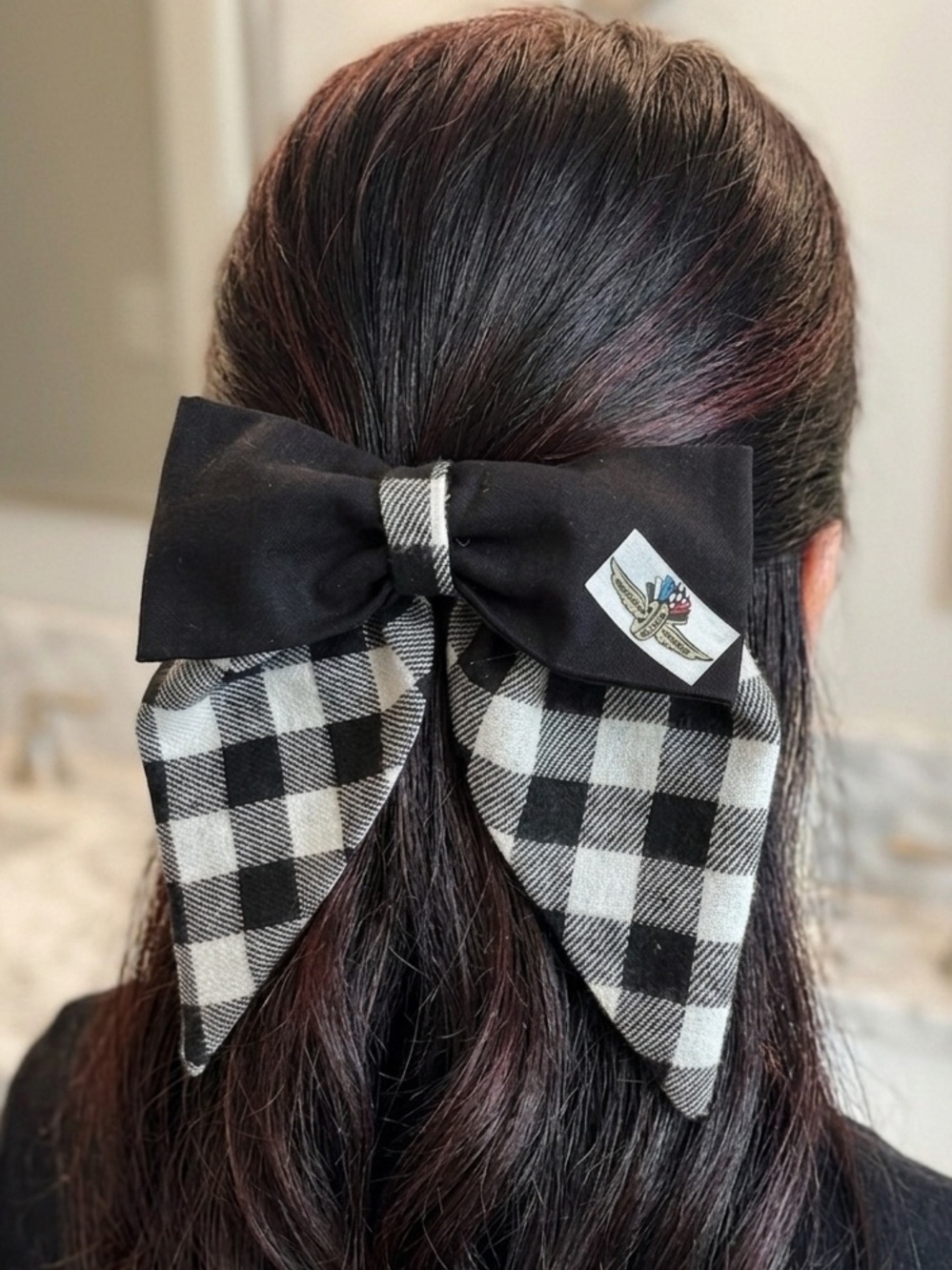 NEW The "Winner's Circle" Indy 500 Black & White Gingham Hair Bow Hair Tie